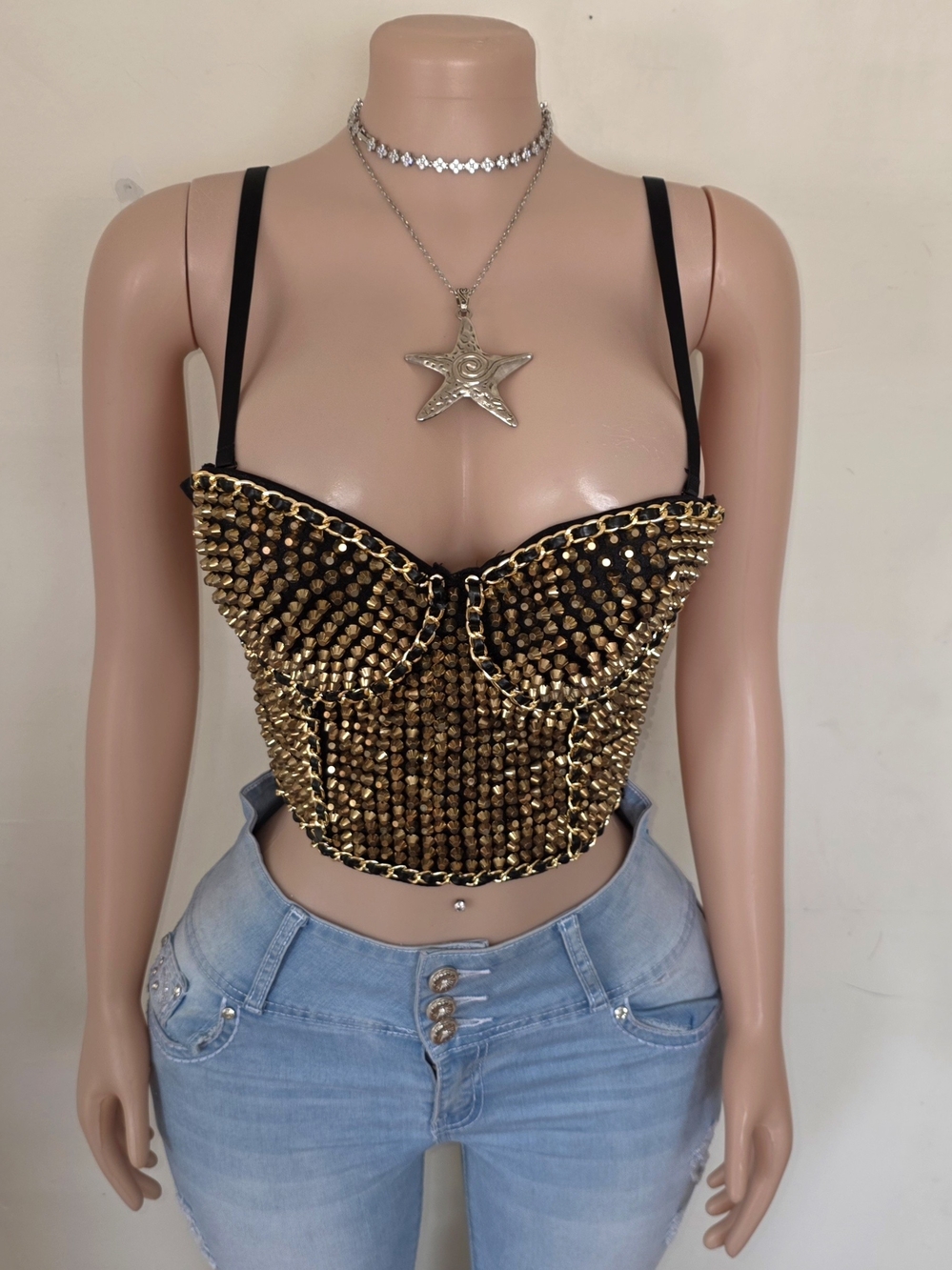 ☆Windsor Gold Studded Bustier Camisole with Black Straps☆ - Picture 1 of 4
